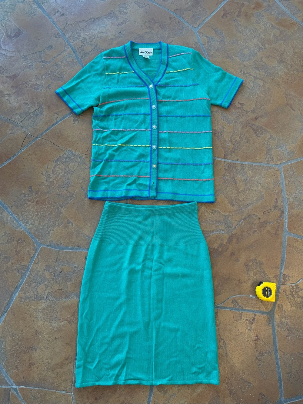 VTG Ami Knits Women’s 2-Piece Knit Set Green Stripe Button Cardigan + Skirt 14